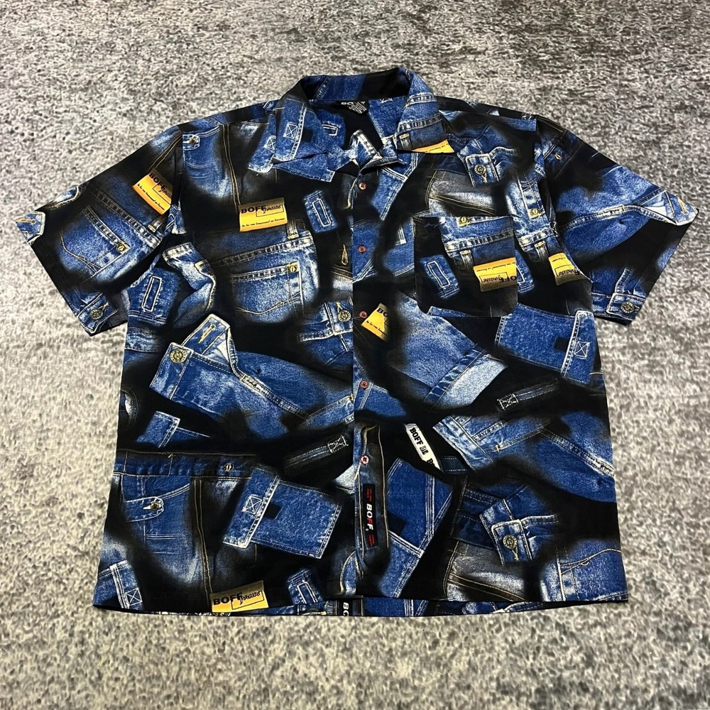 Vintage Boff Shirt Button Down Mens XL Denim Jeans All Over Print Y2K